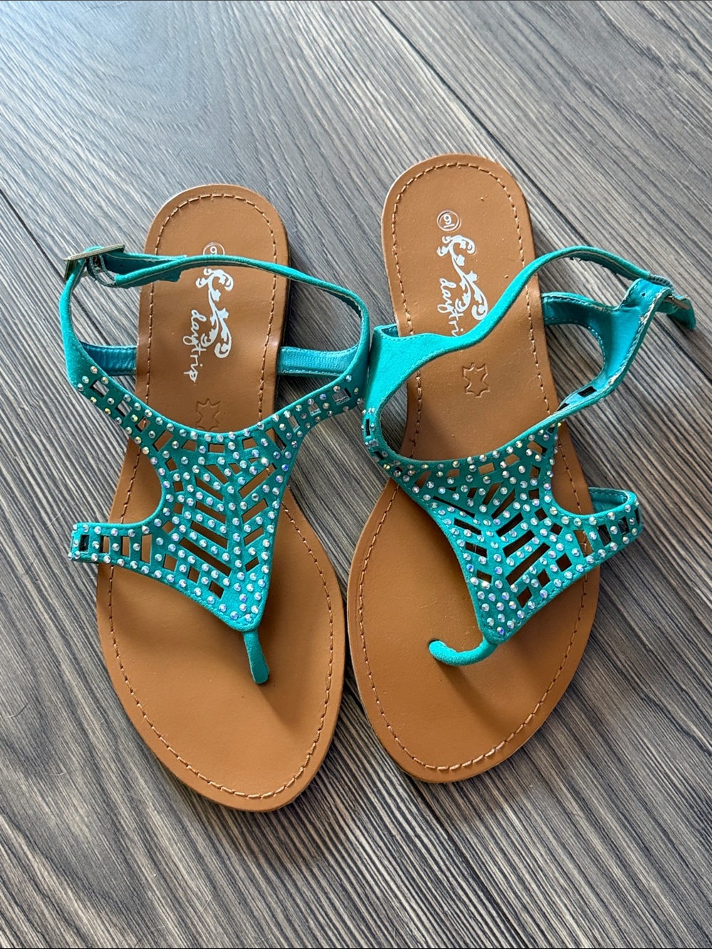 Daytrip Teal Jeweled T-Strap Sandals for Women